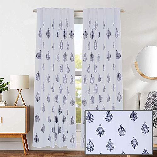 Decor Dream Scapes Set of 2 Panel Elegant Blackout Window Curtains Thick Cotton Curtain Pair Back Loop Darkening for Bedroom,Living Room/Hotel/Home – 5 Feet,Blue Leaf
